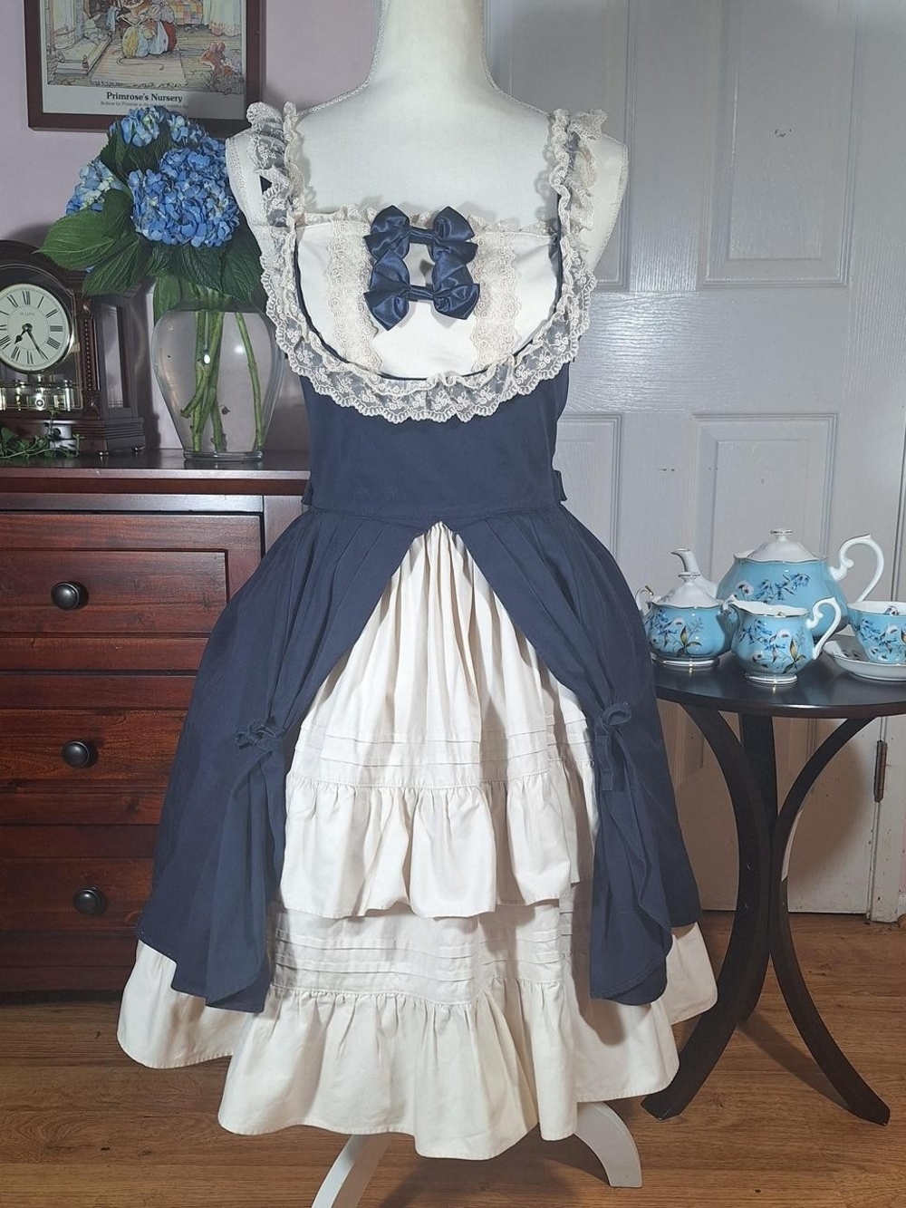 💙 Innocent World Navy & Ivory Layered Pinafore OP – Corset Back Classic Lolita